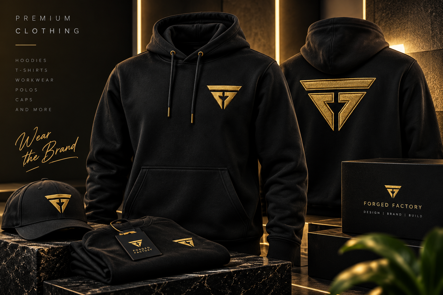 Forged Factory premium clothing mockup with embroidered hoodies